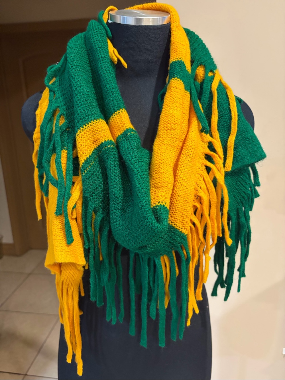 Green & Yellow Fringe Knit Scarf - Women's Accessory